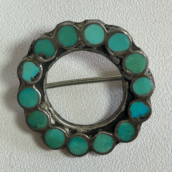 Native Jewelry - Vintage Native TURQUOISE Inlay and Sterling Silver 925 PIN BROOCH Zuni